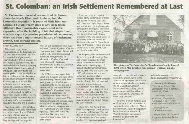 St. Columban an Irish Settlement Remembered at Last